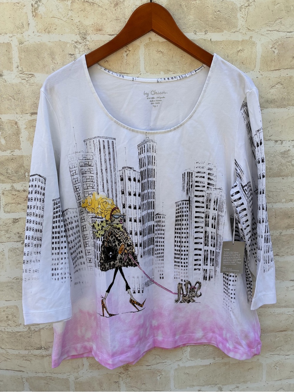 New Chico's size 3 XL beaded studded city Graphic Long Sleeve Top Dip-Dye Hem